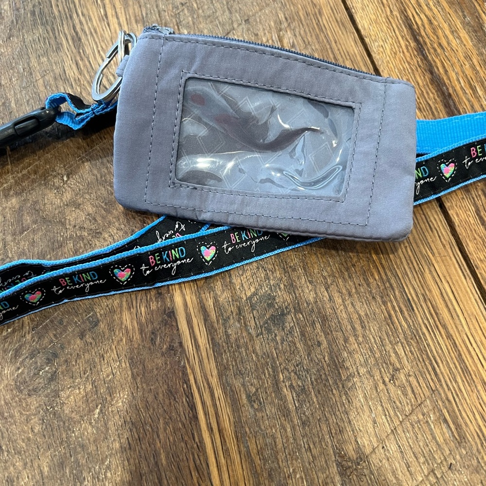 Gray Vera Bradley ID Holder with blue/black Be Kind Lanyard